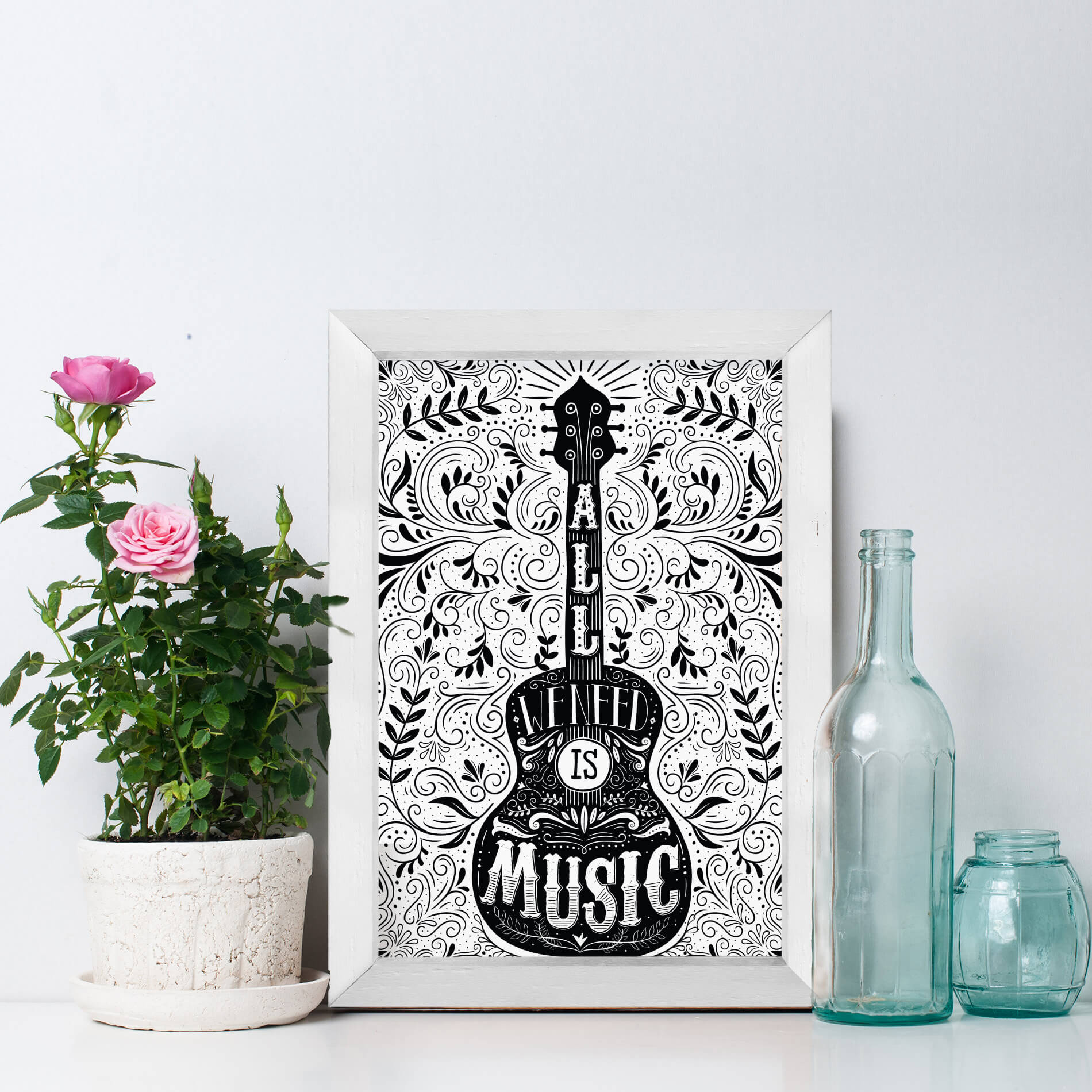 Quadro Frase Musica All You Need is Music 22x32 Moldura Branca