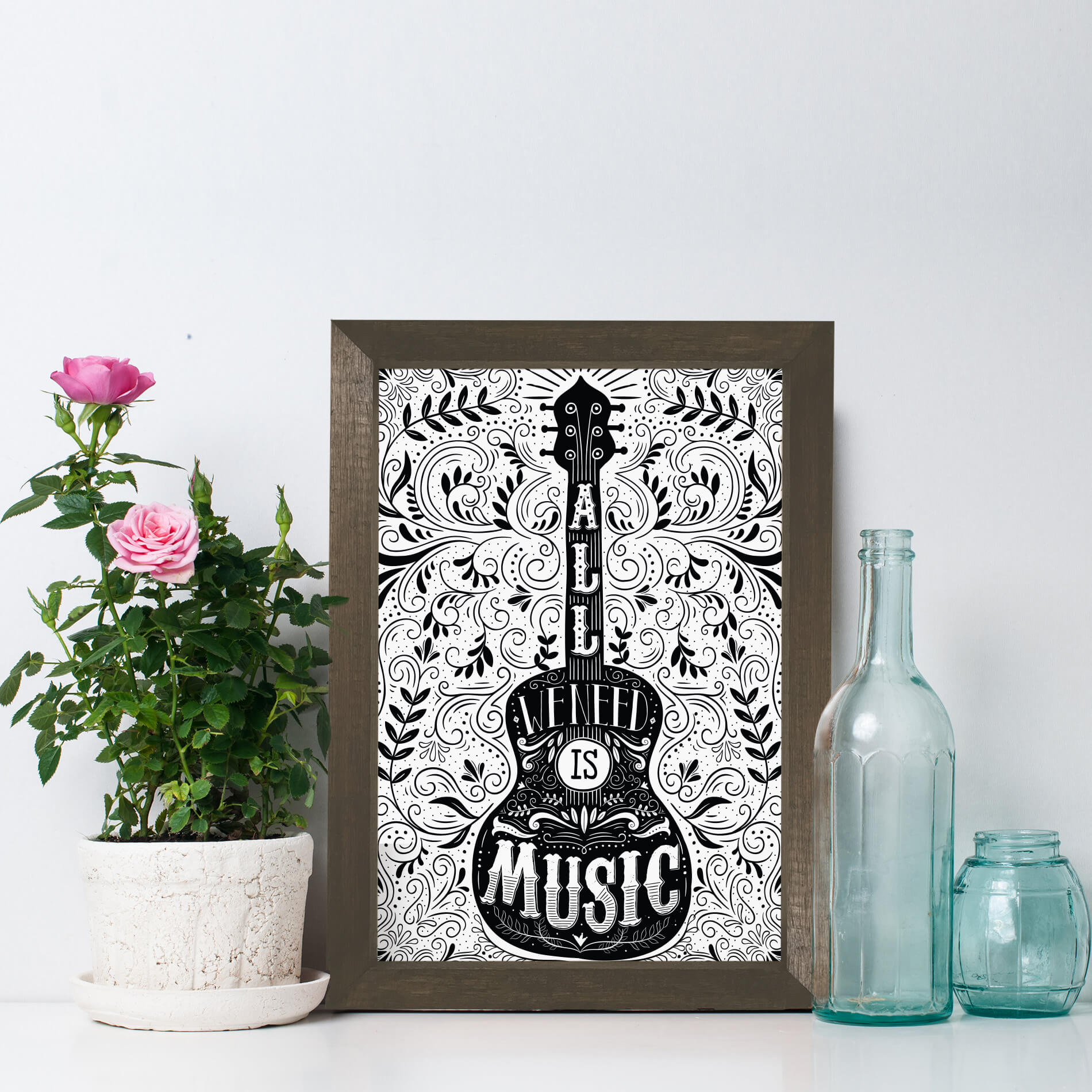Quadro Frase Musica All You Need is Music 22x32 Moldura Marrom