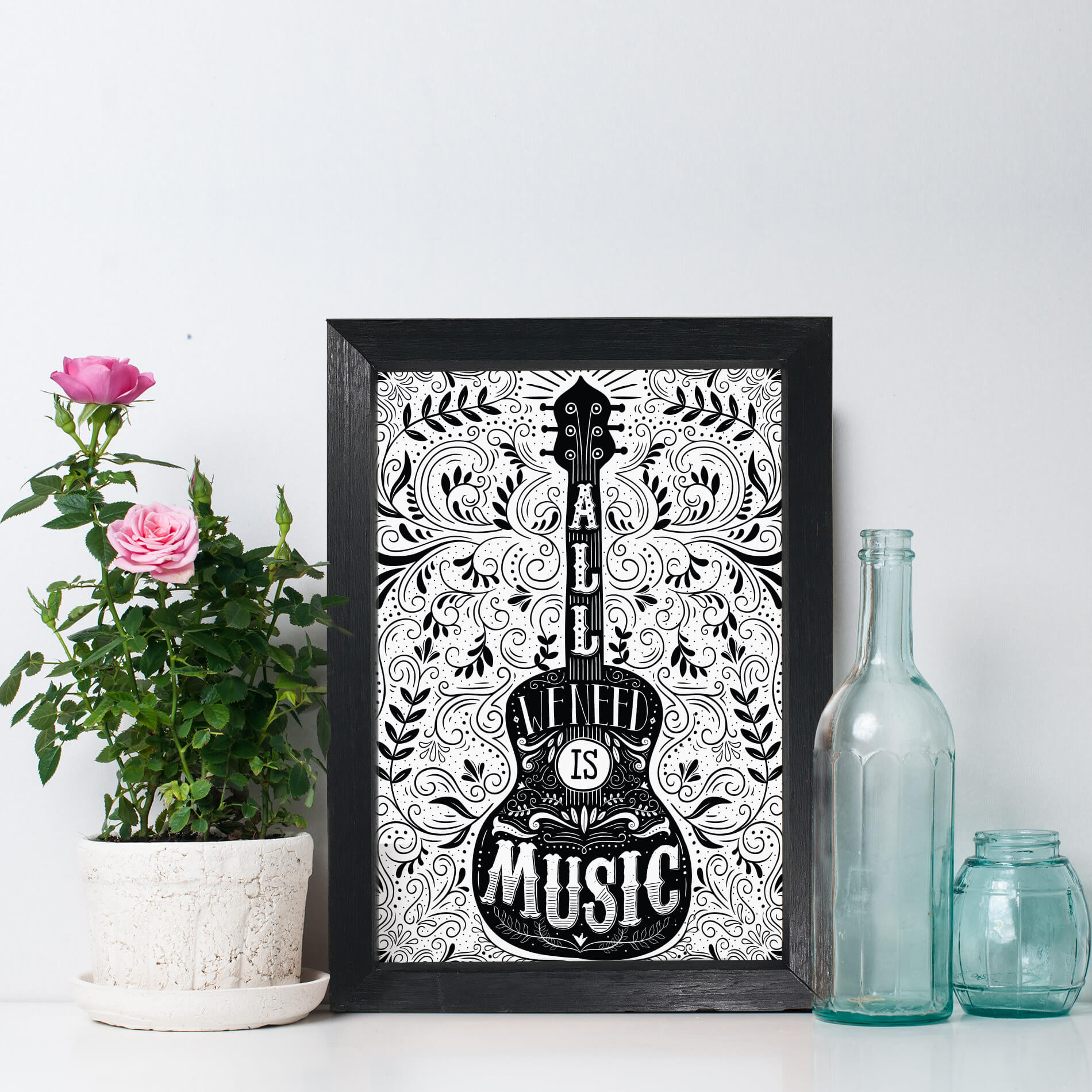 Quadro Frase Musica All You Need is Music 22x32 Moldura Preta