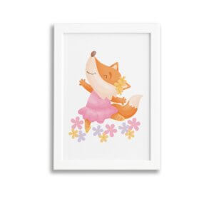 Quadro Bailarina Raposa para Menina Moldura Branca 22x32cm
