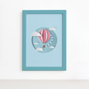 Quadro Balão Praia Infantil Moldura Azul 22x32cm,Quadro Balão Praia Infantil Moldura Azul 22x32cm