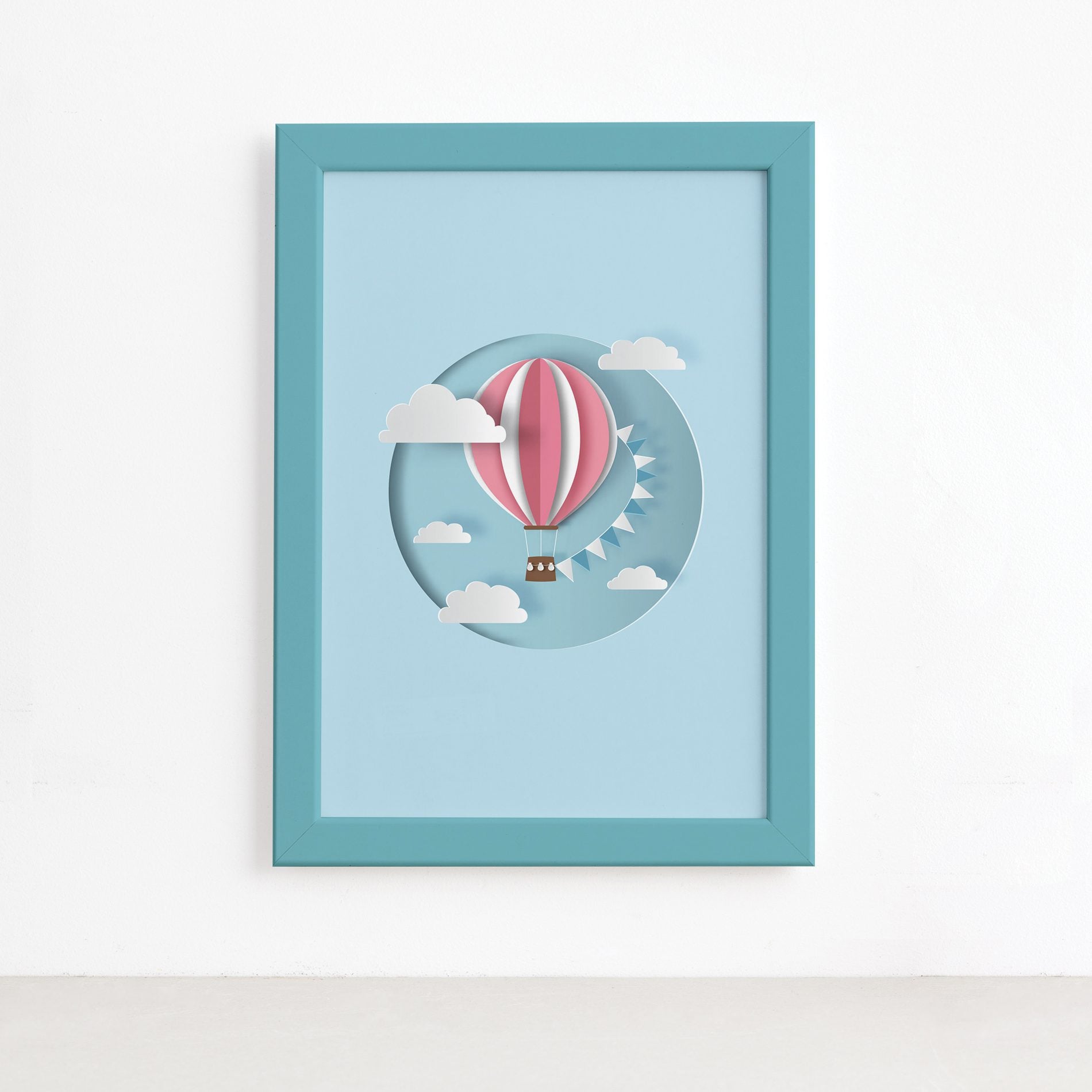 Quadro Balão Praia Infantil Moldura Azul 22x32cm,Quadro Balão Praia Infantil Moldura Azul 22x32cm