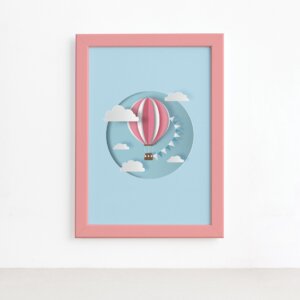 Quadro Balão Praia Infantil Moldura Rosa 22x32cm,Quadro Balão Praia Infantil Moldura Rosa 22x32cm