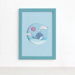 Quadro Baleia Praia Infantil Moldura Azul 22x32cm