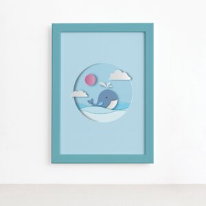 Quadro Baleia Praia Infantil Moldura Azul 22x32cm,Quadro Baleia Praia Infantil Moldura Azul 22x32cm
