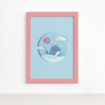 Quadro Baleia Praia Infantil Moldura Rosa 22x32cm