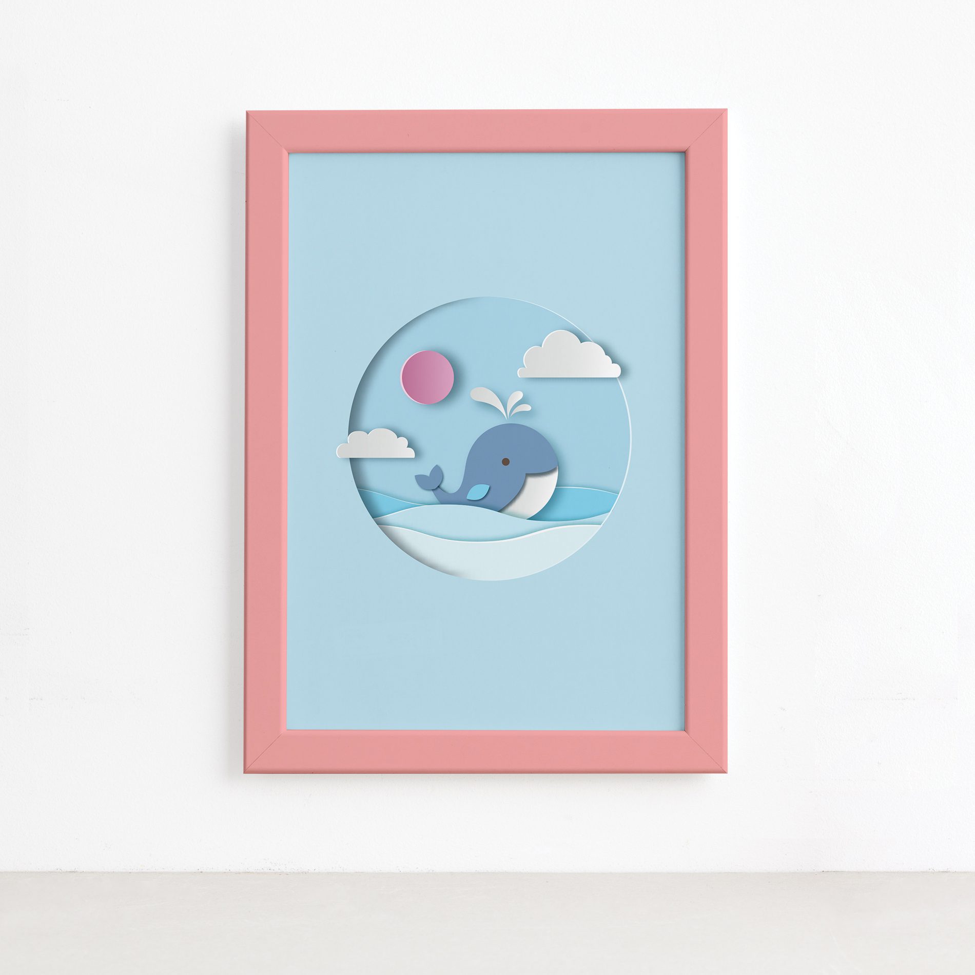 Quadro Baleia Praia Infantil Moldura Rosa 22x32cm,Quadro Baleia Praia Infantil Moldura Rosa 22x32cm