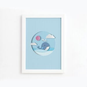 Quadro Baleia Praia Infantil Moldura Branca 22x32cm,Quadro Baleia Praia Infantil Moldura Branca 22x32cm