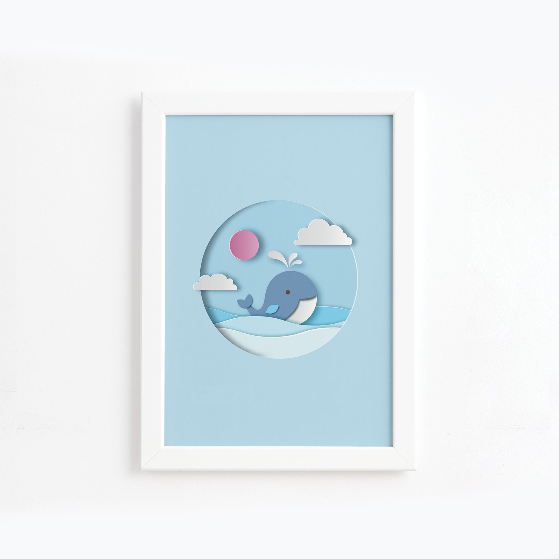 Quadro Baleia Praia Infantil Moldura Branca 22x32cm,Quadro Baleia Praia Infantil Moldura Branca 22x32cm