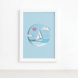 Quadro Barco Praia Infantil Moldura Branca 22x32cm,Quadro Barco Praia Infantil Moldura Branca 22x32cm