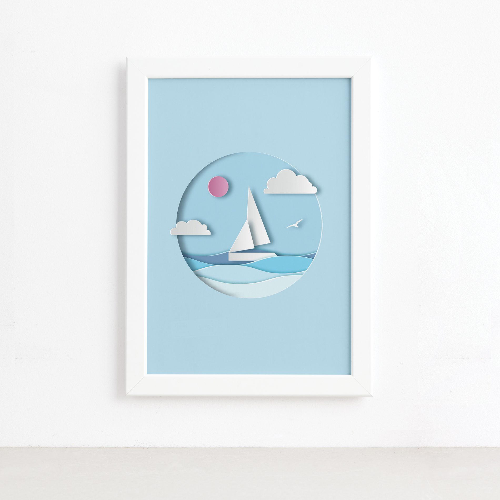 Quadro Barco Praia Infantil Moldura Branca 22x32cm,Quadro Barco Praia Infantil Moldura Branca 22x32cm