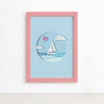 Quadro Barco Praia Infantil Moldura Rosa 22x32cm