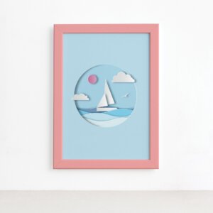 Quadro Barco Praia Infantil Moldura Rosa 22x32cm,Quadro Barco Praia Infantil Moldura Rosa 22x32cm