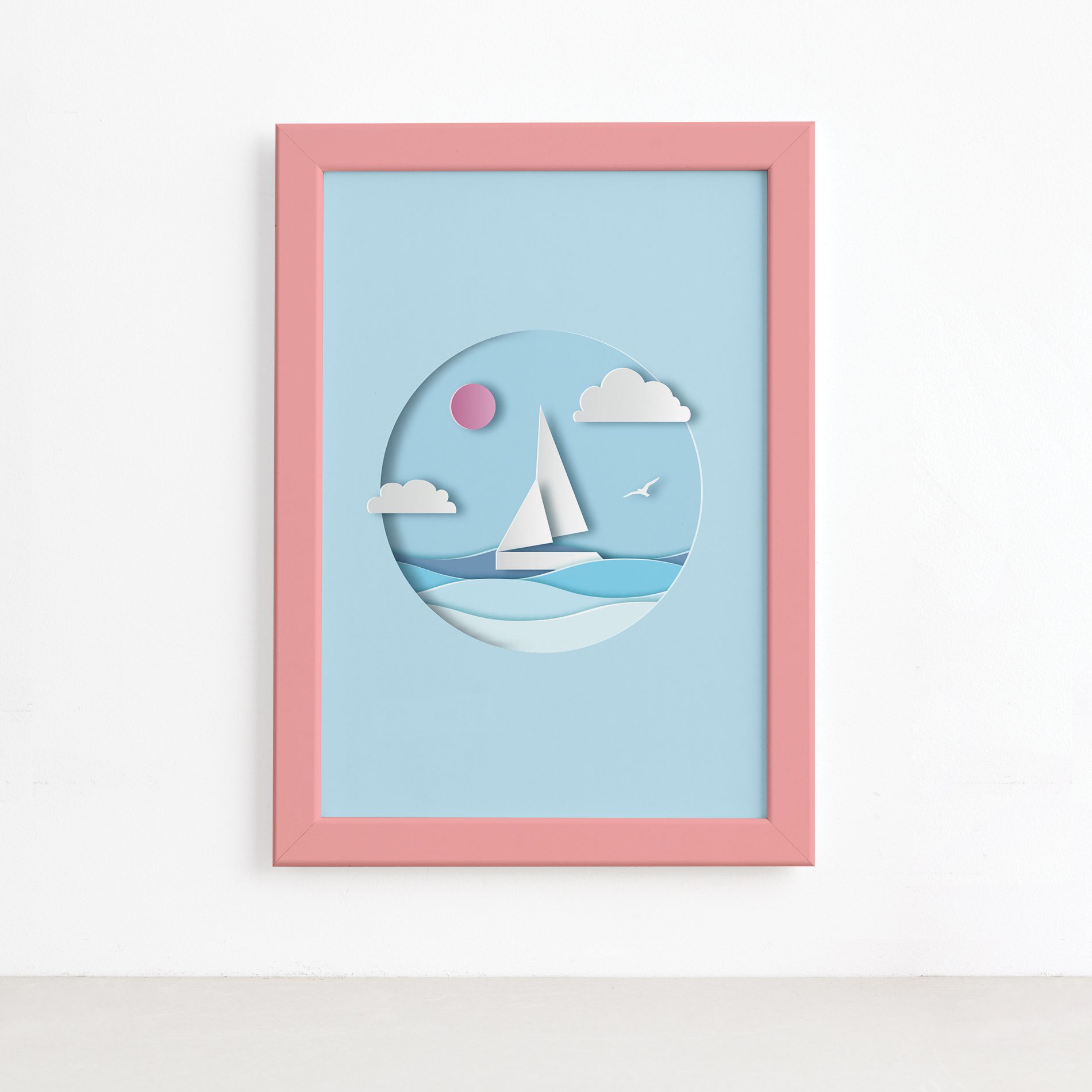 Quadro Barco Praia Infantil Moldura Rosa 22x32cm,Quadro Barco Praia Infantil Moldura Rosa 22x32cm