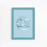 Quadro Barco Praia Infantil Moldura Azul 22x32cm
