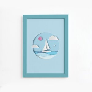 Quadro Barco Praia Infantil Moldura Azul 22x32cm,Quadro Barco Praia Infantil Moldura Azul 22x32cm