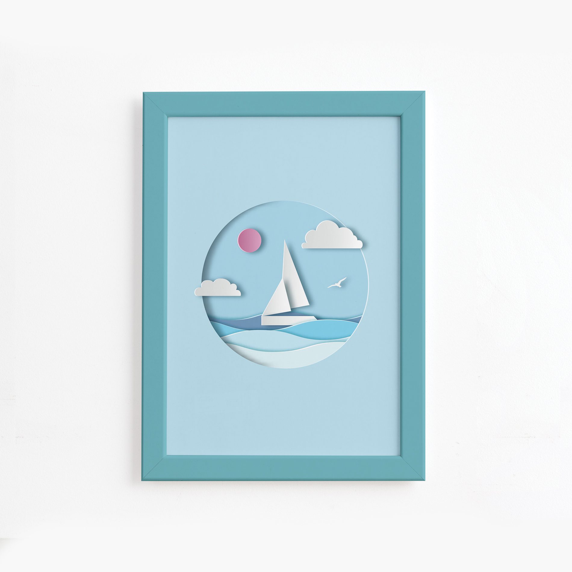 Quadro Barco Praia Infantil Moldura Azul 22x32cm,Quadro Barco Praia Infantil Moldura Azul 22x32cm