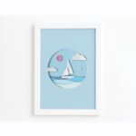 Quadro Barco Praia Infantil Moldura Branca 33x43cm