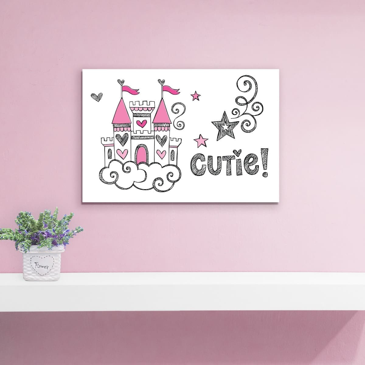 Placa decorativa para quarto de menina com castelo de princesa, mostra dimensões e detalhes do produto.