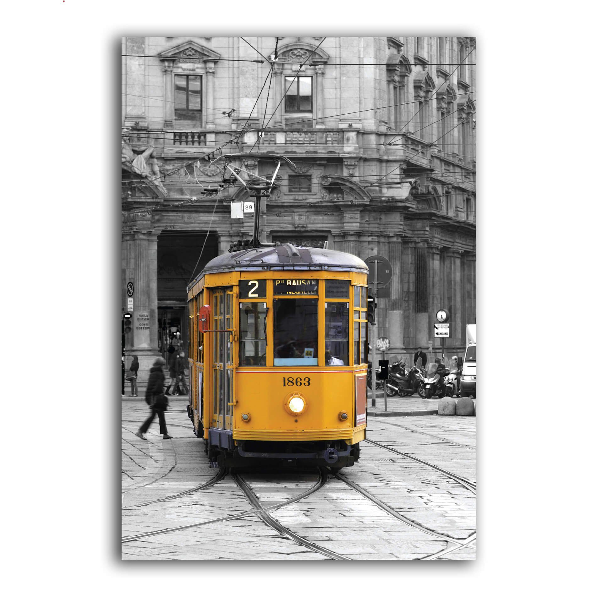 Imagem da placa decorativa Itália Bonde Detalhe Amarelo 30x40cm mostrando detalhes do produto e sua fixação.