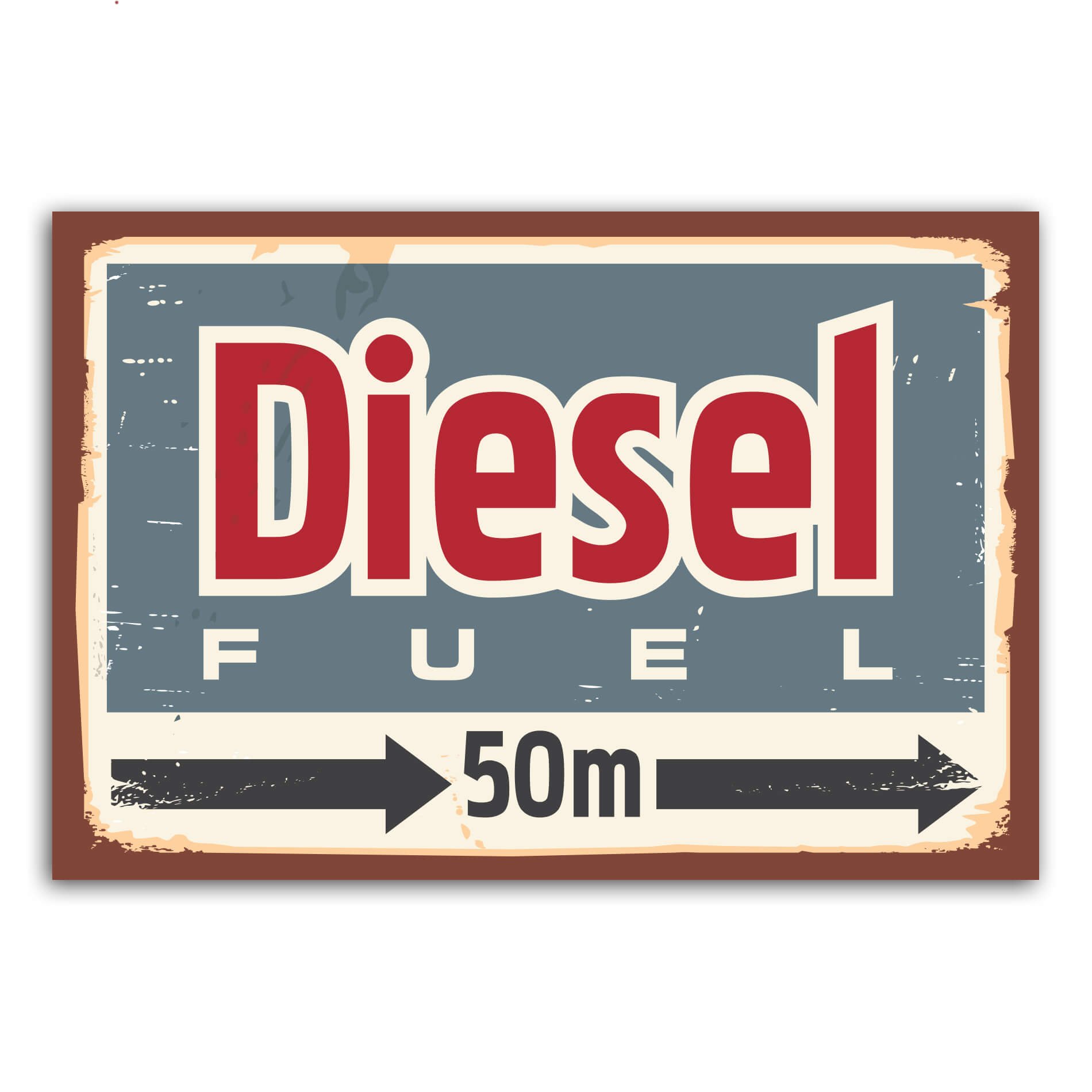 Imagem da placa decorativa vintage Diesel mostrando detalhes e dimensões de 20x30 cm.