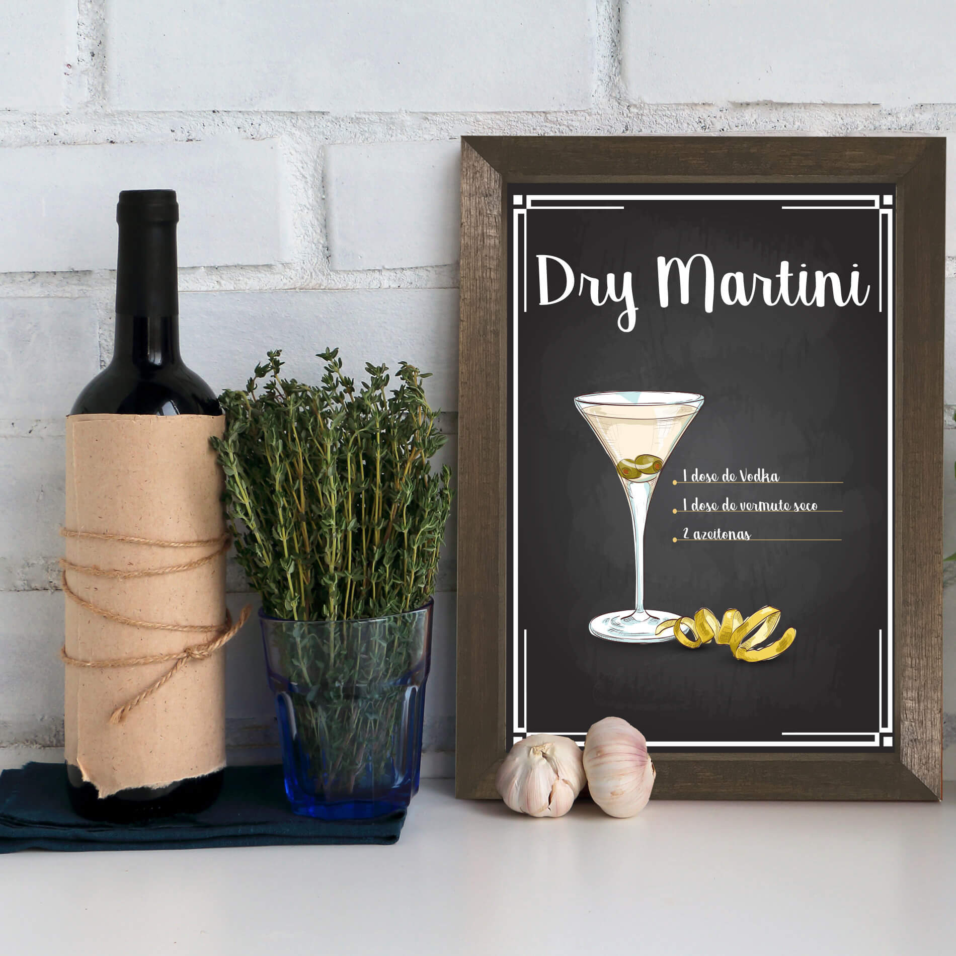 Quadro Decorativo Bebida Martini 22x32cm Moldura Marrom