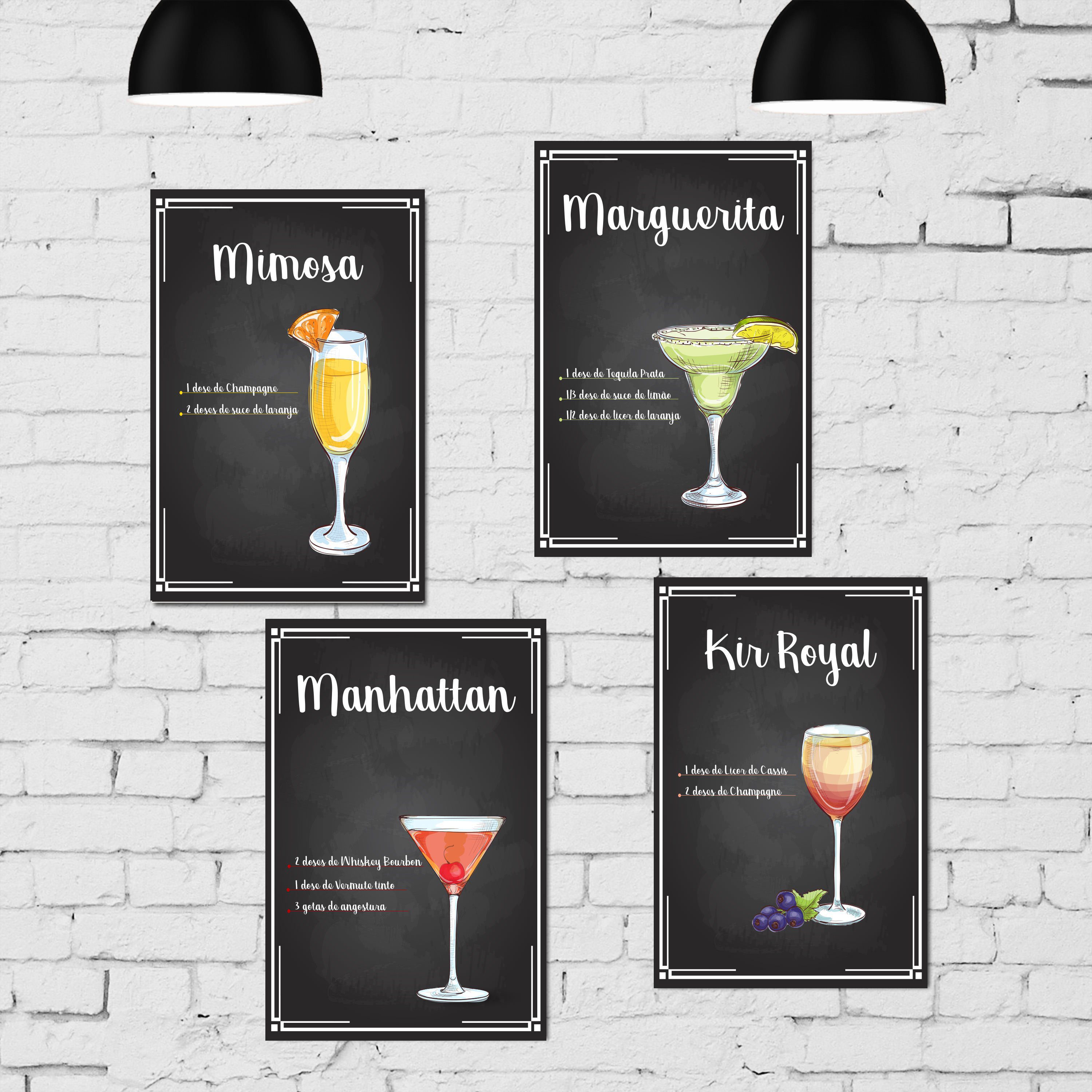 Placa Decorativa MDF Receitas Drinks Taças Kit 4un 20x30cm