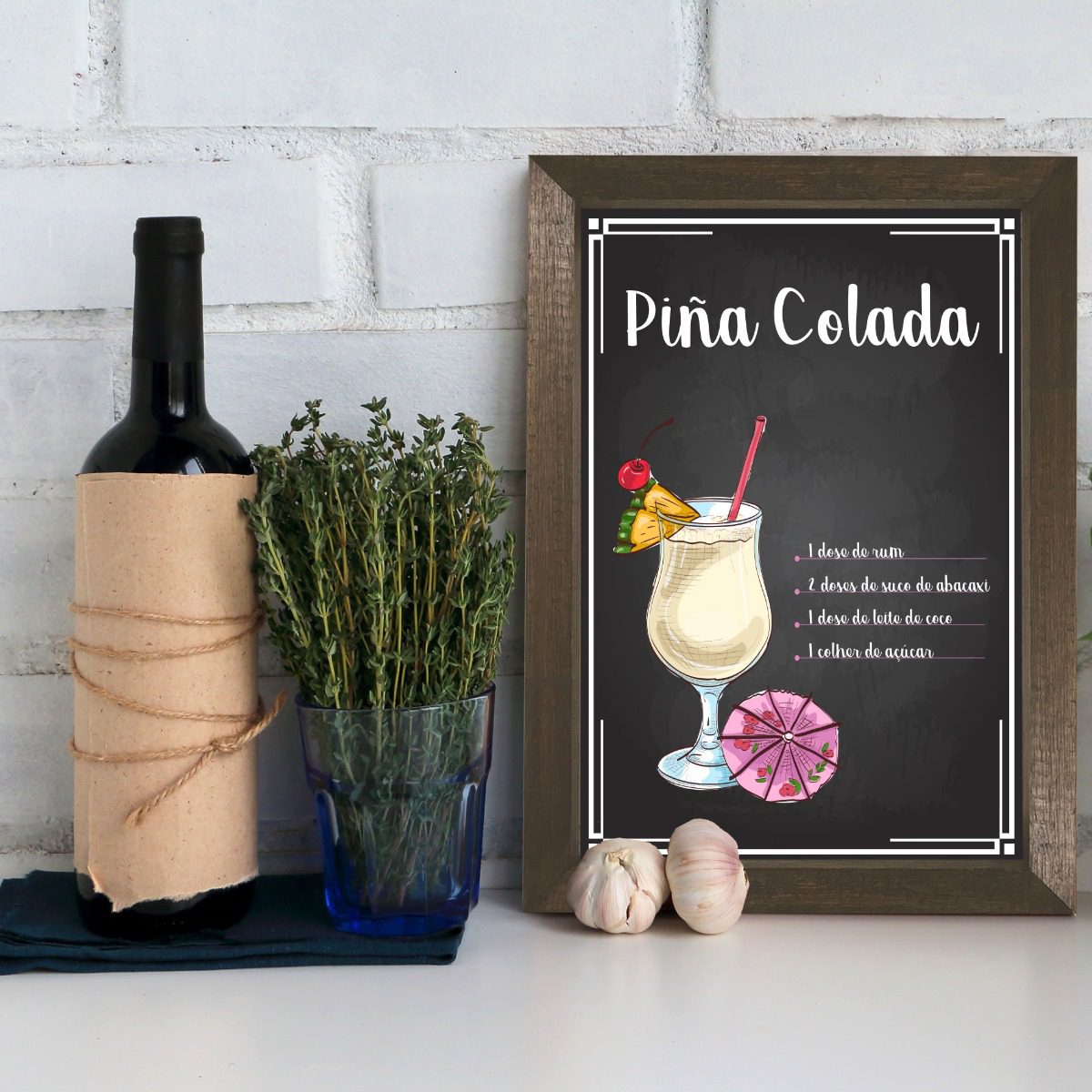 Quadro Bebida Piña Colada Moldura Marrom