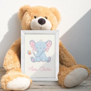 Quadro Infantil Nome Personalizado Elefantinho Fofo Moldura Branca
