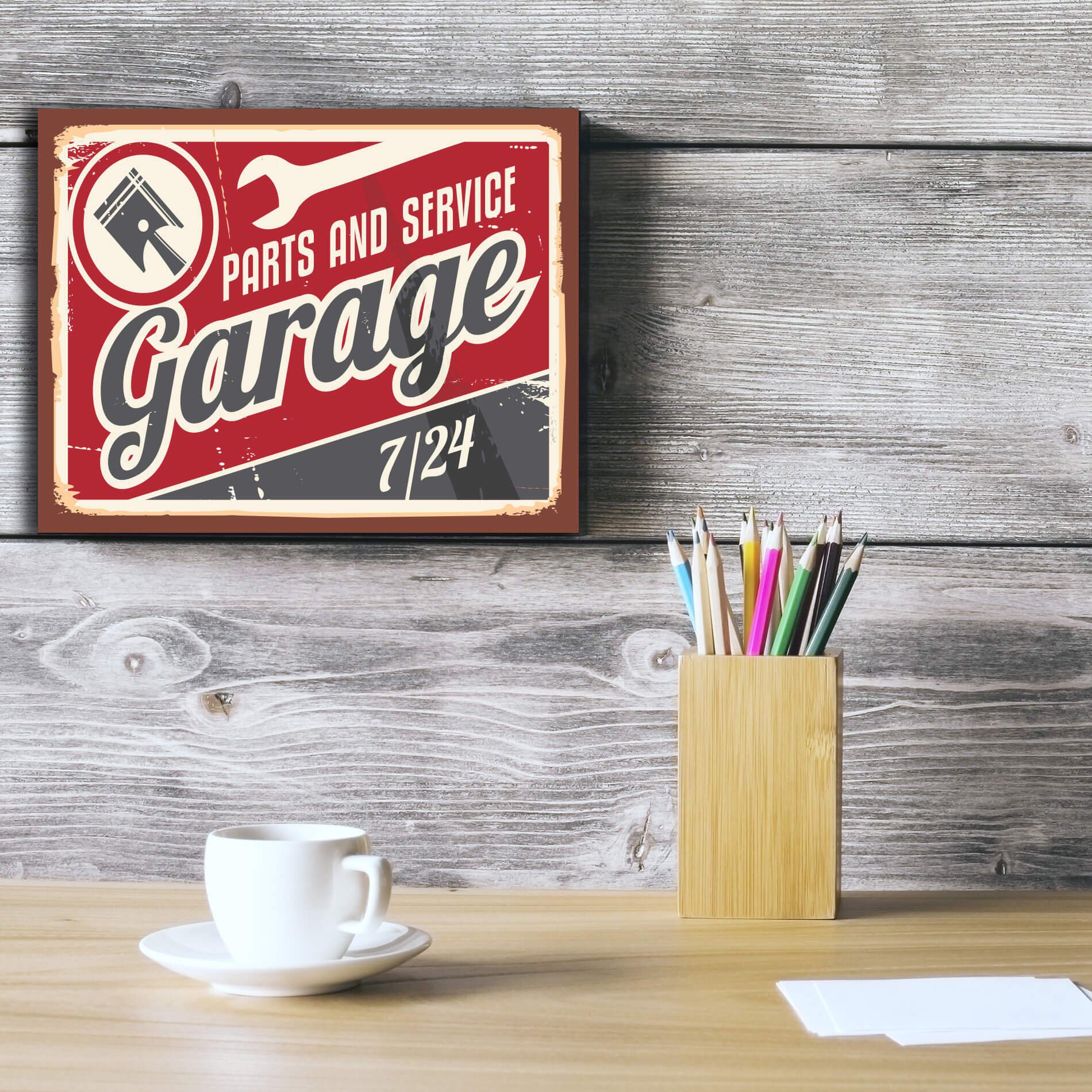 Exemplo de instalação da placa decorativa Garage em parede