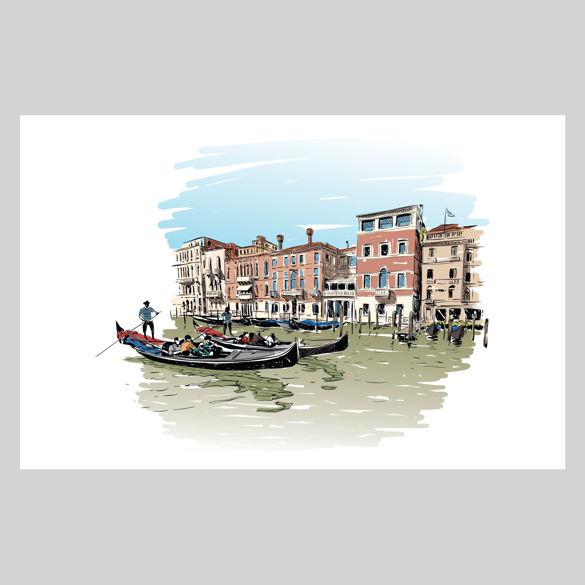Placa decorativa MDF Veneza com dimensões 20x30cm, mostrando detalhes da arte e sistema de fixação com fita dupla face.