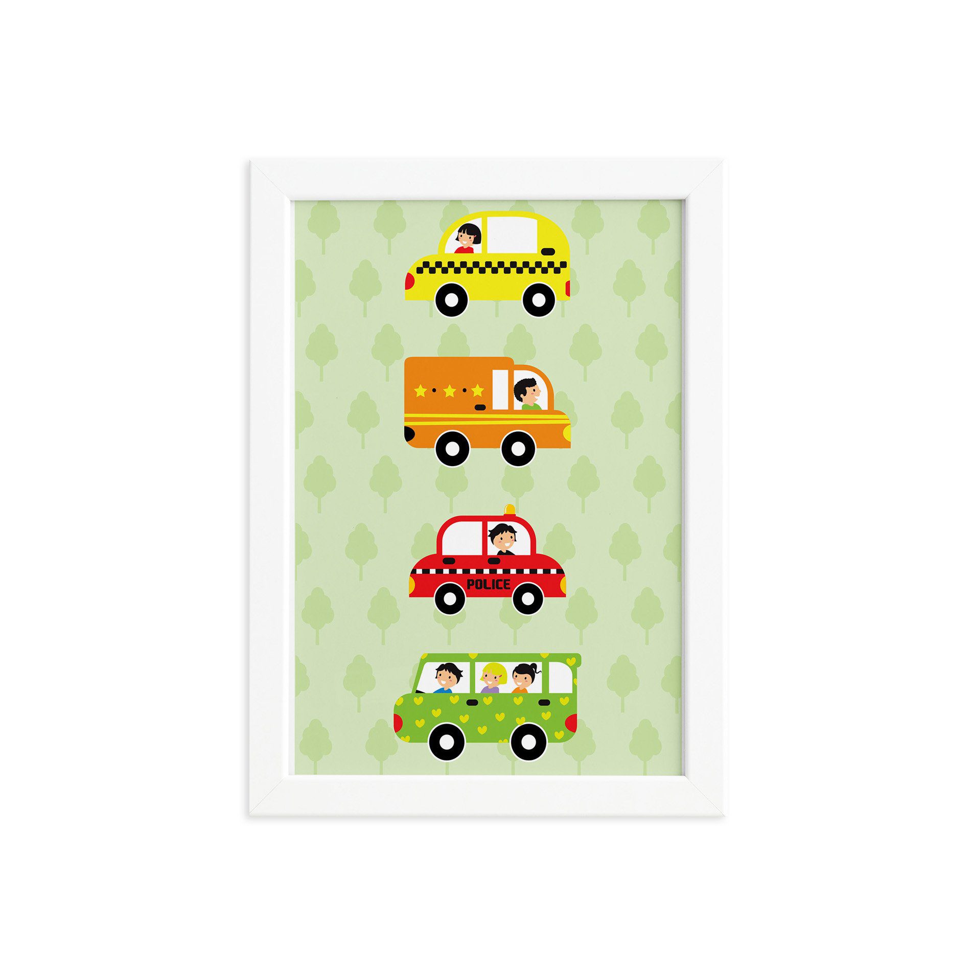 Quadro decorativo infantil com moldura branca mostrando dimensões aproximadas de 22x32 cm para aplicação.