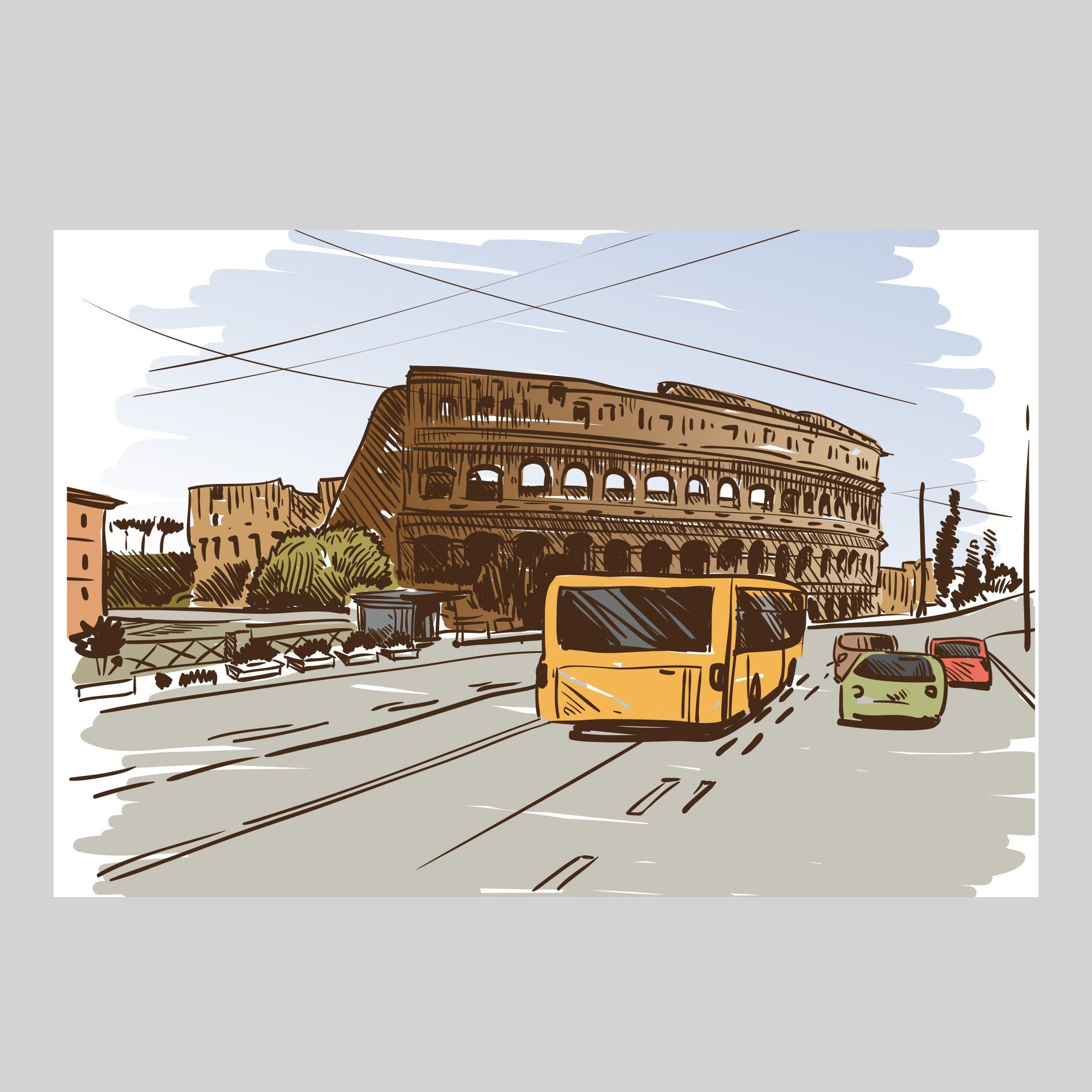 Placa decorativa MDF Roma Viagem em Gravuras mostrando detalhes da arte e dimensões para aplicação.
