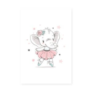 Placa Decorativa Elefante Rosa Bailarina e Estrelas 20x30cm