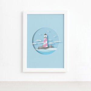 Quadro Farol Praia Infantil Moldura Branca 22x32cm,Quadro Farol Praia Infantil Moldura Branca 22x32cm