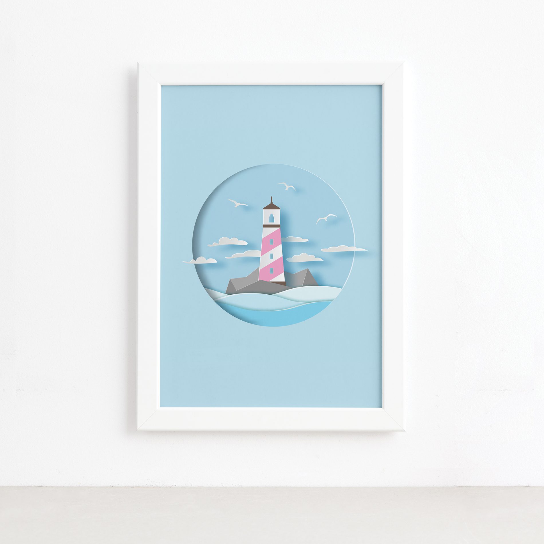 Quadro Farol Praia Infantil Moldura Branca 22x32cm,Quadro Farol Praia Infantil Moldura Branca 22x32cm