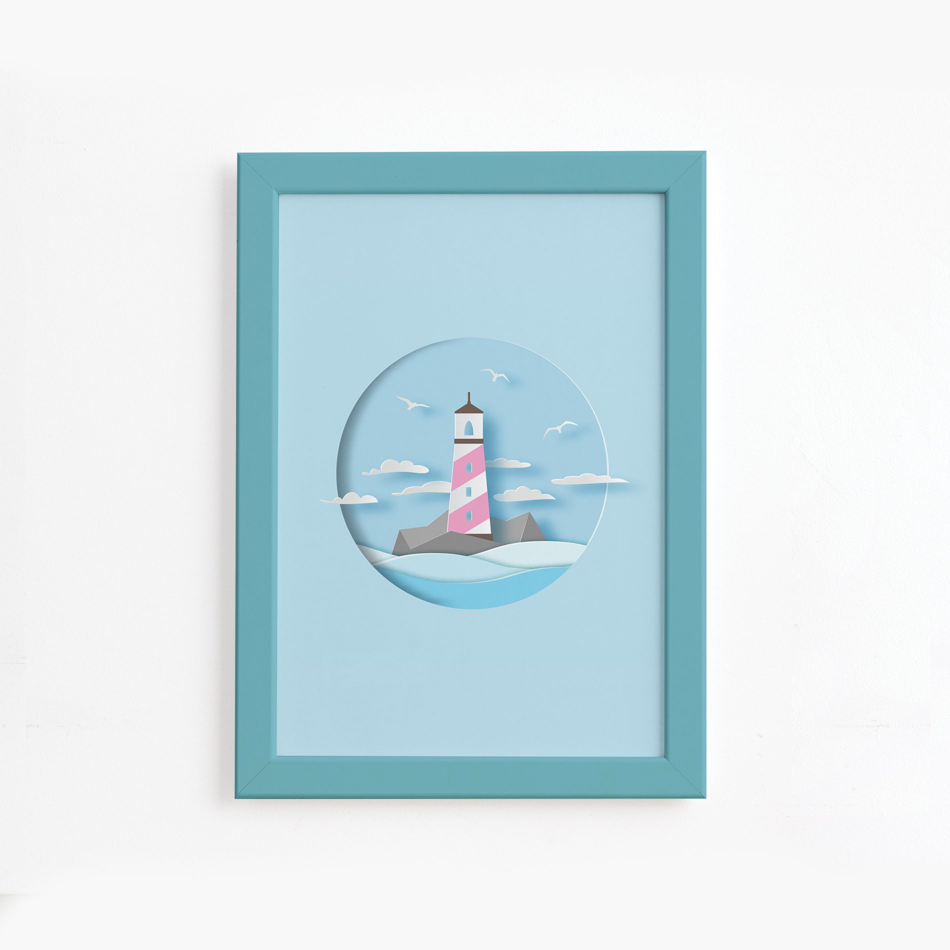 Quadro Farol Praia Infantil Moldura Azul 22x32cm,Quadro Farol Praia Infantil Moldura Azul 22x32cm