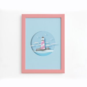 Quadro Farol Praia Infantil Moldura Rosa 22x32cm,Quadro Farol Praia Infantil Moldura Rosa 22x32cm