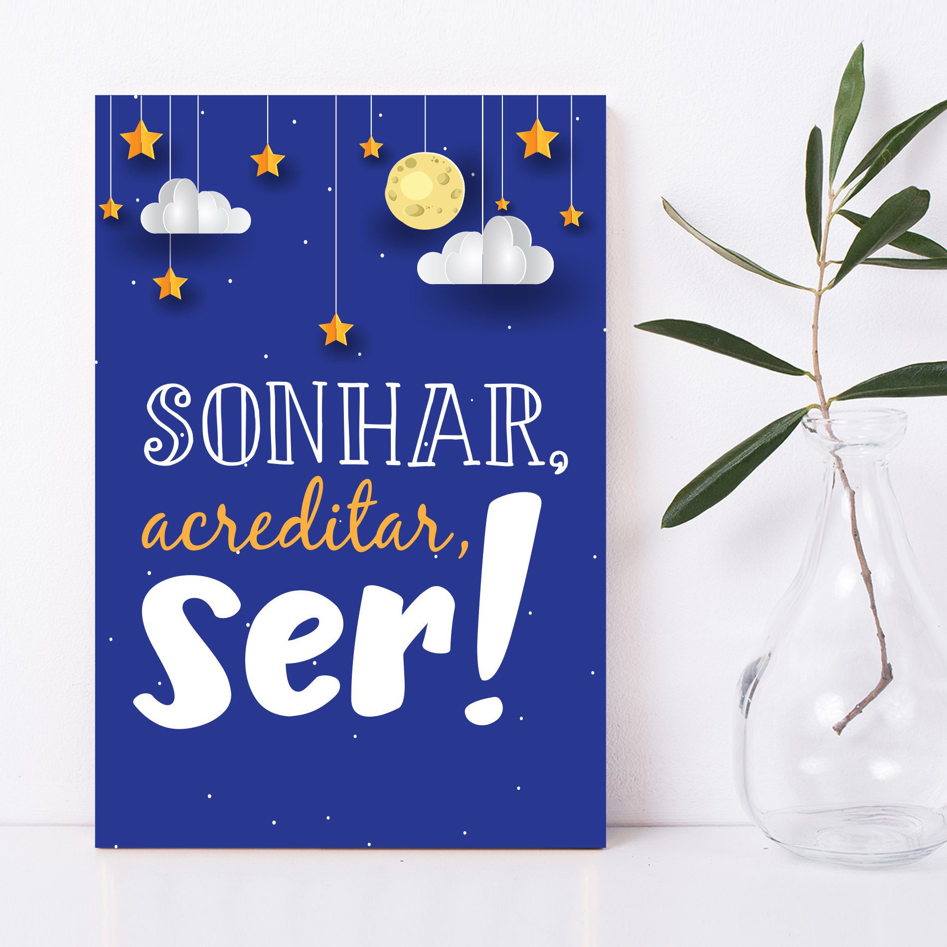 Placa Decorativa MDF Infantil Frase Sonhar e Acreditar 20x30cm