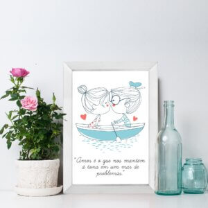 Quadro Frase Namorados Barco Moldura Branca