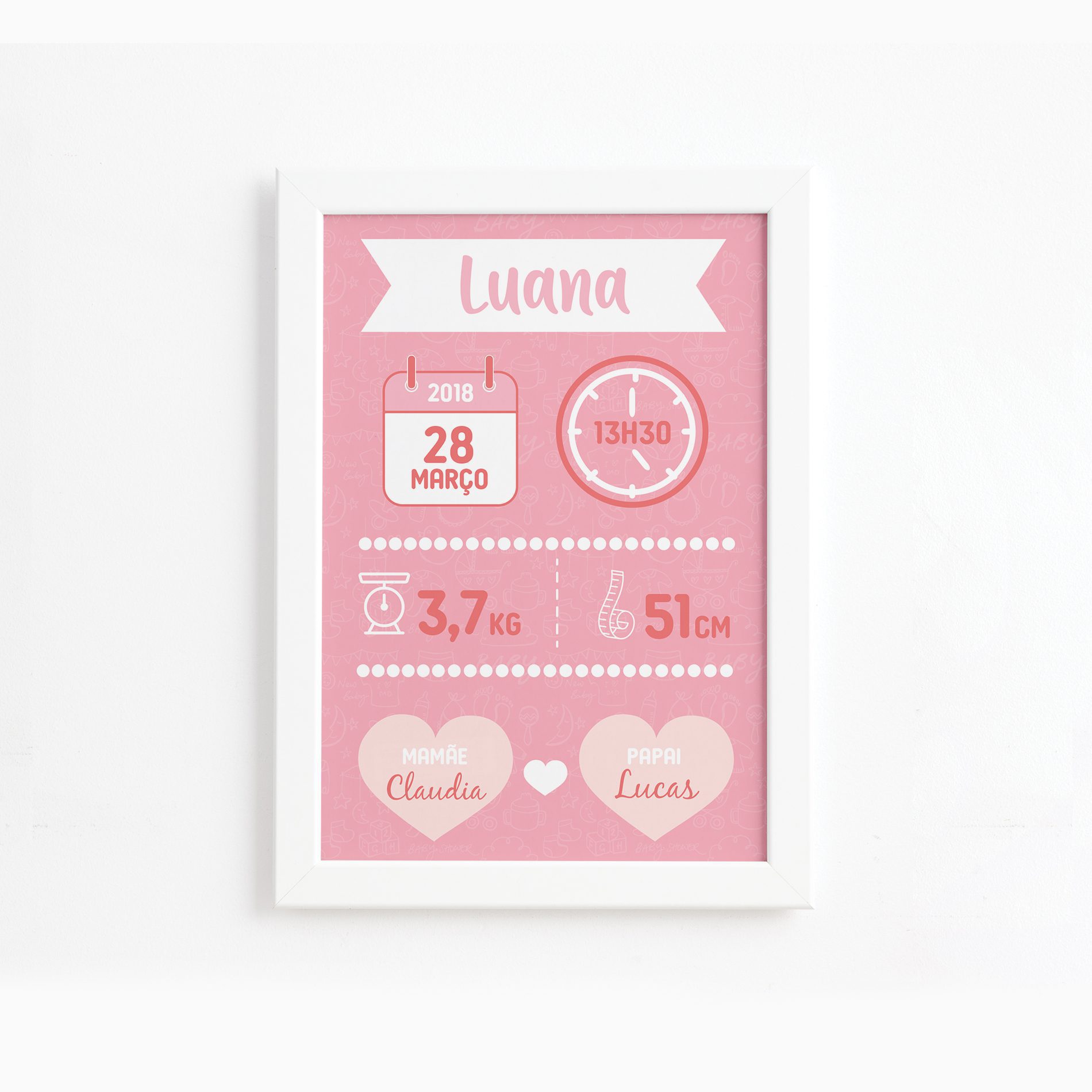 Quadro Nascimento Nome Menina 2 Moldura Branca 22x32cm,Quadro Nascimento Nome Menina 2 Moldura Branca 22x32cm