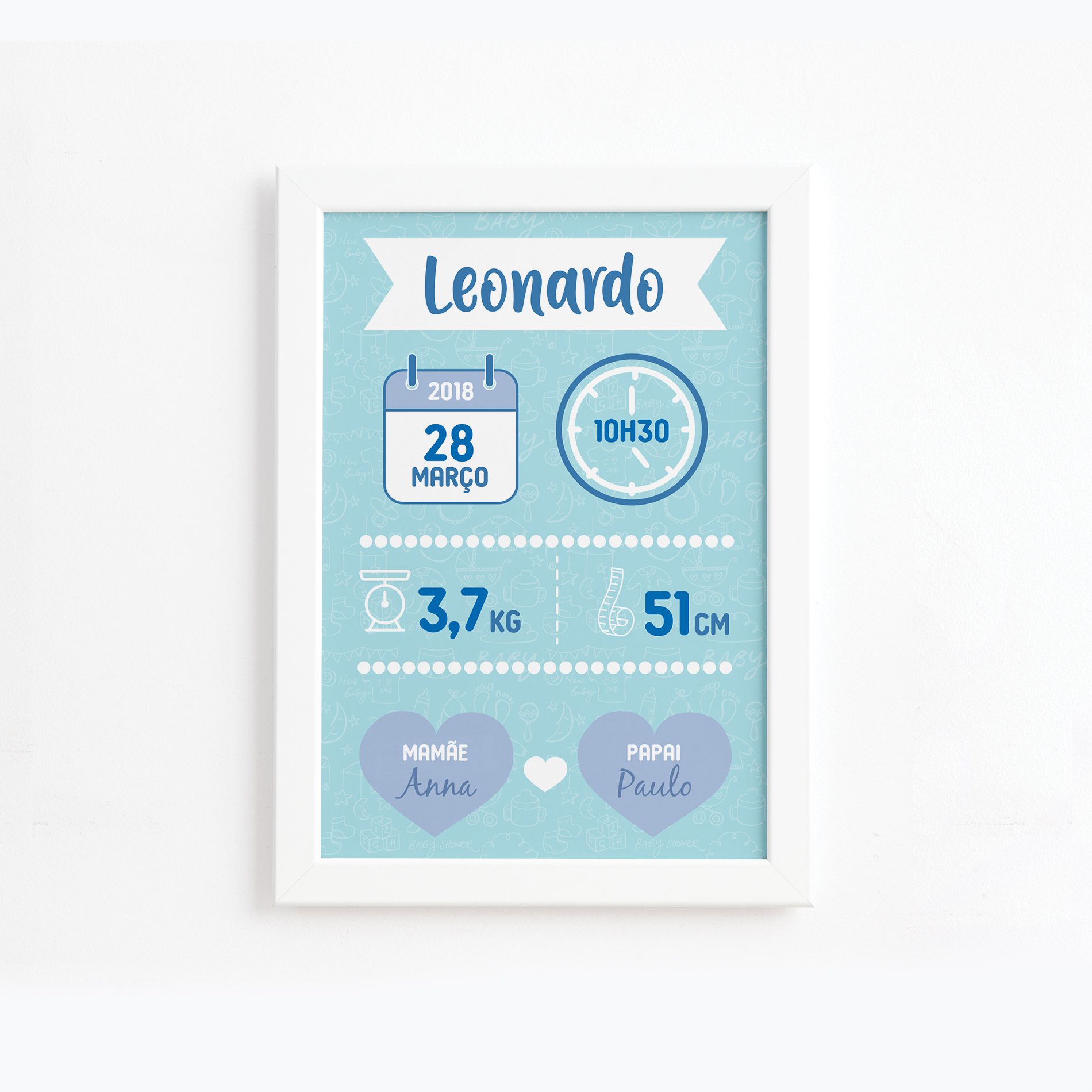 Quadro Nascimento Nome Menino 2 Moldura Branca 22x32cm ,Quadro Nascimento Nome Menino 2 Moldura Branca 22x32cm 