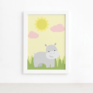 Quadro Safari Menina Hipopótamo Moldura Branca