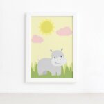 Quadro Safari Menina Hipopótamo Moldura Branca 33x43cm
