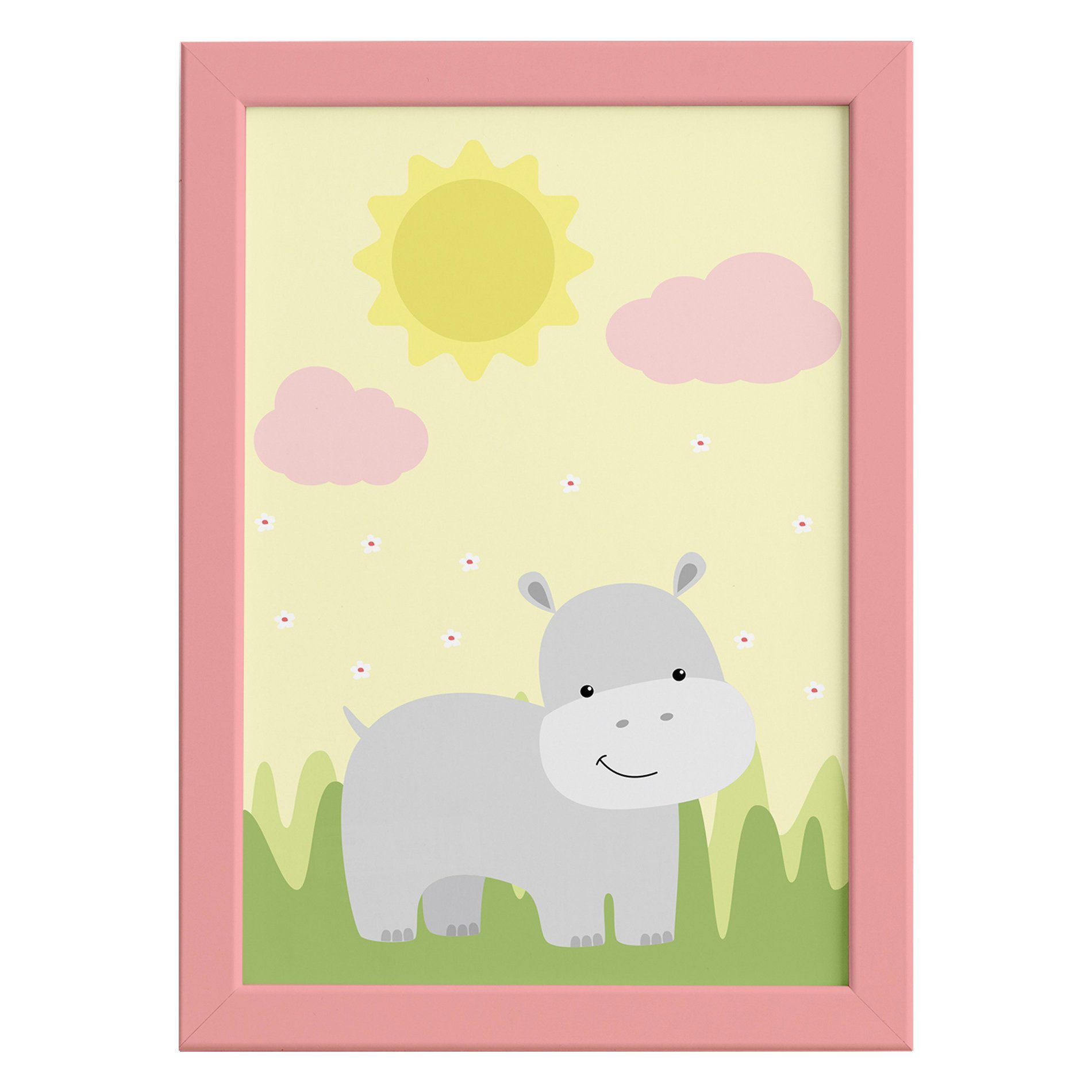 Quadro Safari Menina Hipopótamo Moldura Rosa