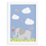 Quadro Safari Menina Elefante Moldura Branca 33x43cm