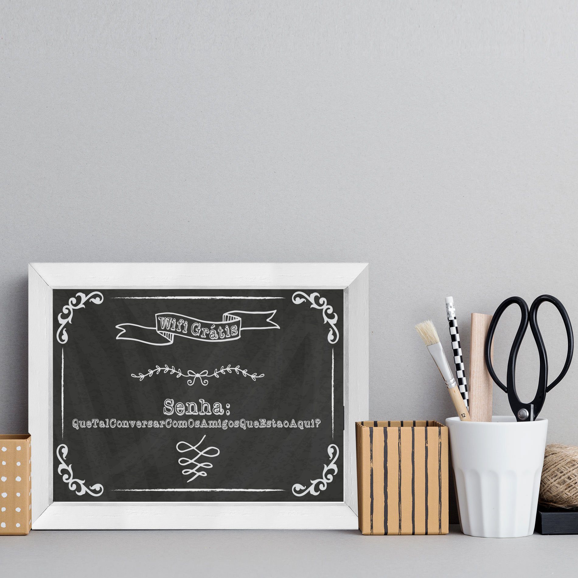 Quadro Decorativo com Moldura Branca Senha WiFi