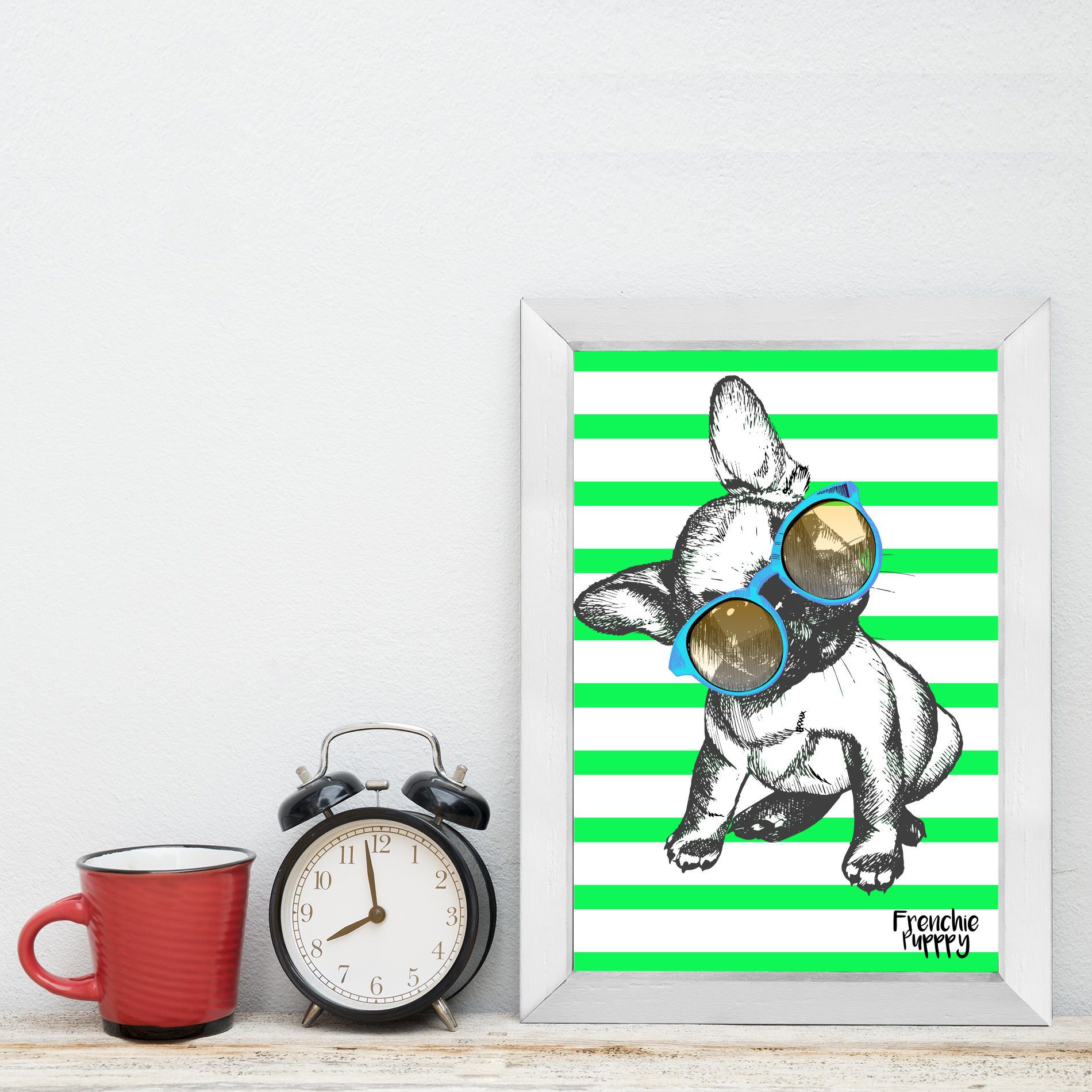 Quadro Decorativo com Moldura Branca Cachorro Puggy
