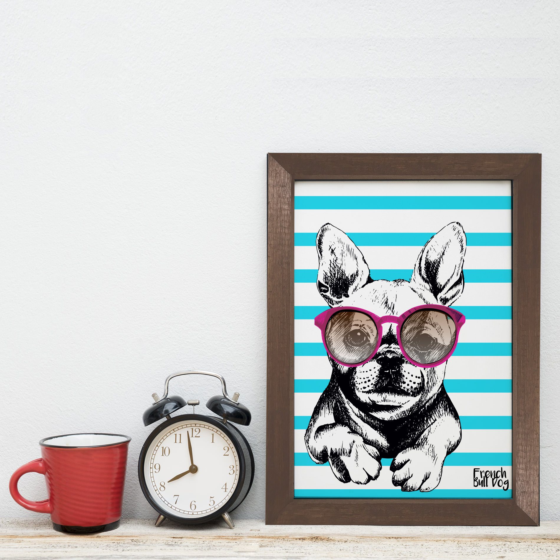 Quadro Decorativo com Moldura Marrom Cachorro Bulldog