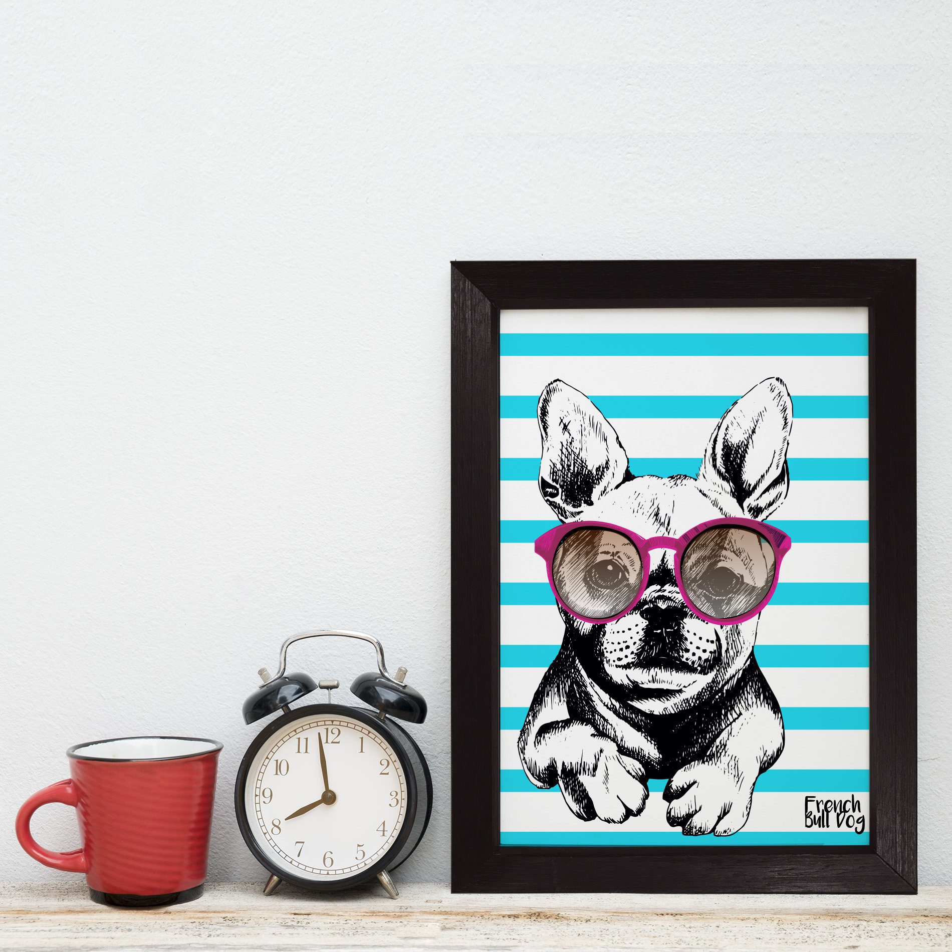 Quadro Decorativo com Moldura Preta Cachorro Bulldog